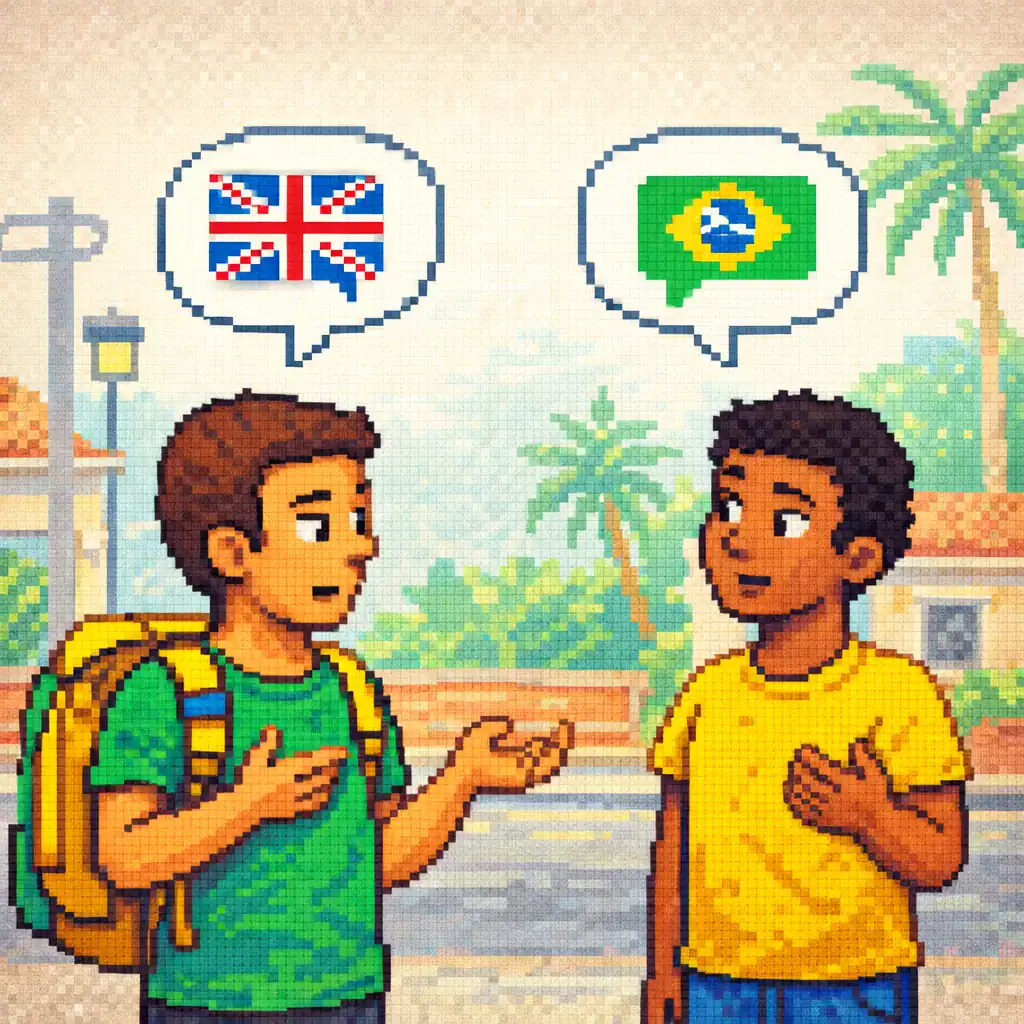 Pixel art illustration of a traveler speaking English with a local person in Brazil, showing a mild communication mismatch.
