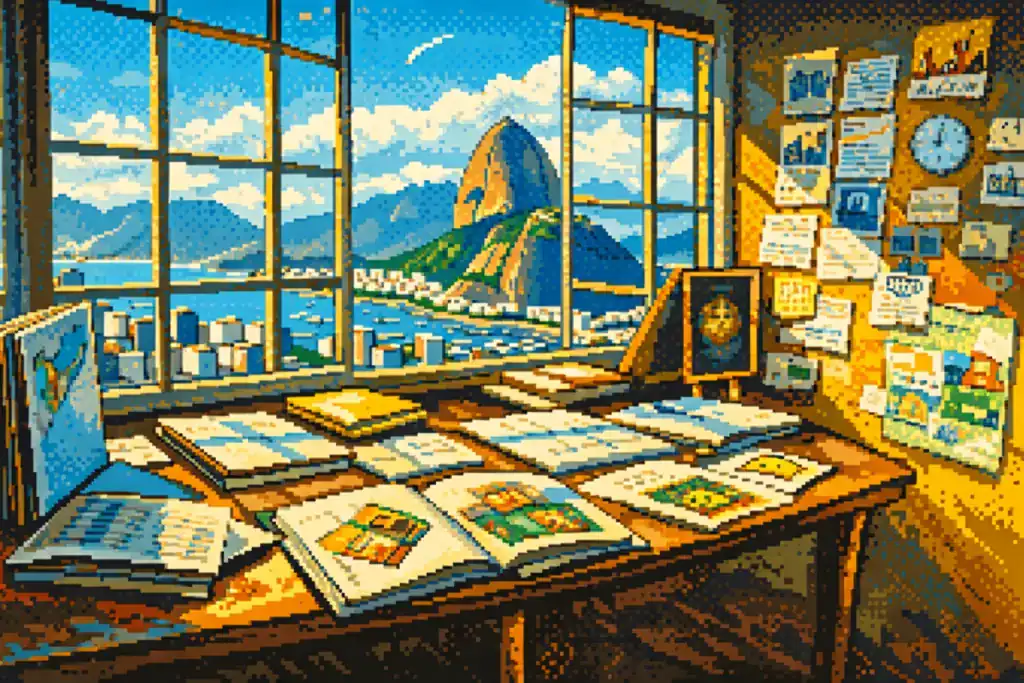 Pixel art illustration of a study desk with CELPE-Bras exam materials and a view of Rio de Janeiro, representing preparation for the Brazilian Portuguese proficiency test 