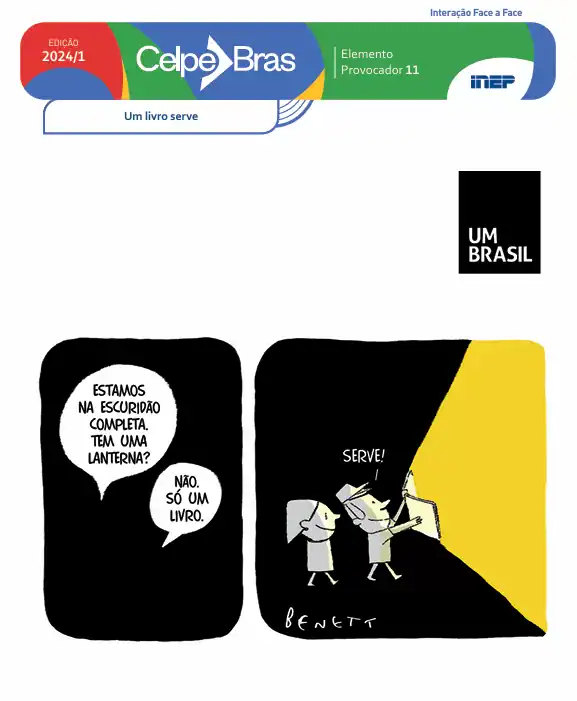 Ilustración en pixel art que muestra el Celpe-Bras iluminado por una linterna, representando los elementos provocadores de la prueba oral