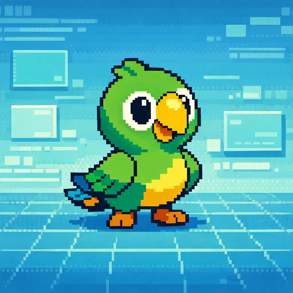 Pixel art parrot mascot in a technological background representing a Portuguese learning game