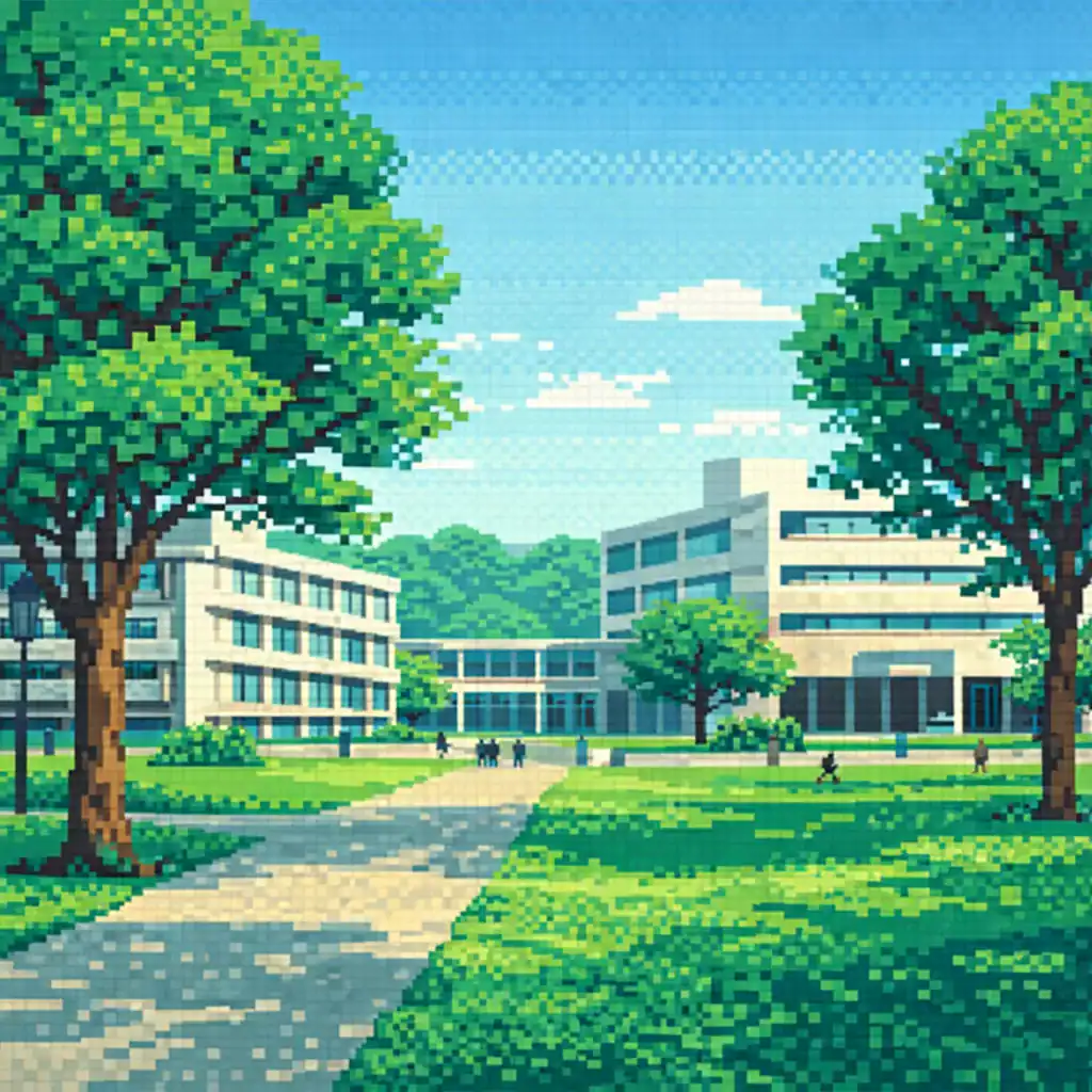 Ilustración en pixel art de un campus universitario brasileño rodeado de áreas verdes