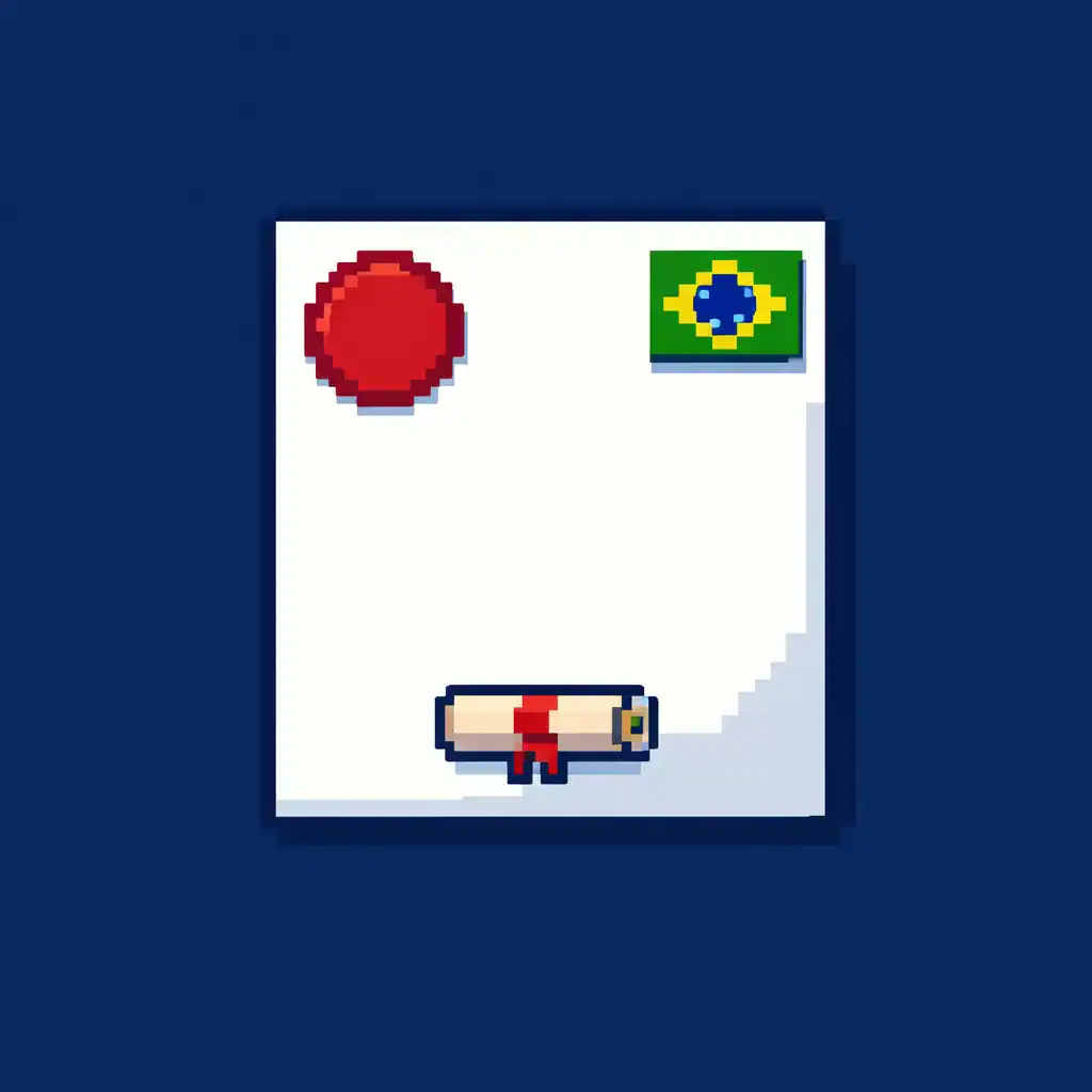 Official PEC-G document illustration with Brazilian flag, seal stamp, and diploma icon in pixel art style
