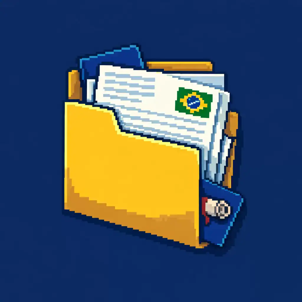 PEC-G requirements document folder with Brazilian flag and diploma icon in pixel art style