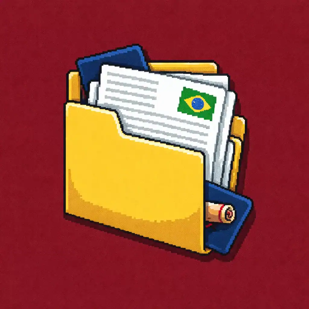 Requisitos del PEC-G Brasil representados en carpeta con documentos oficiales en estilo pixel art