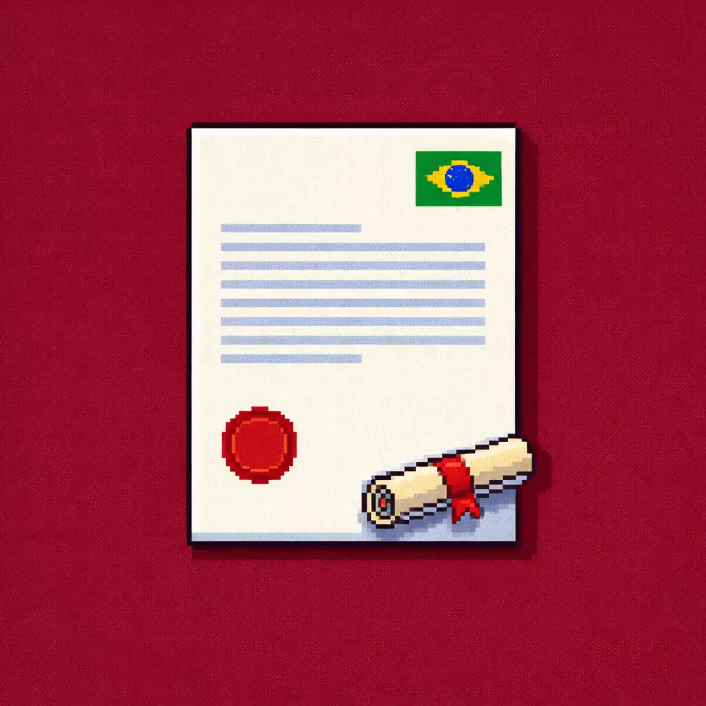 Documento oficial del PEC-G Brasil con sello, diploma y bandera en estilo pixel art