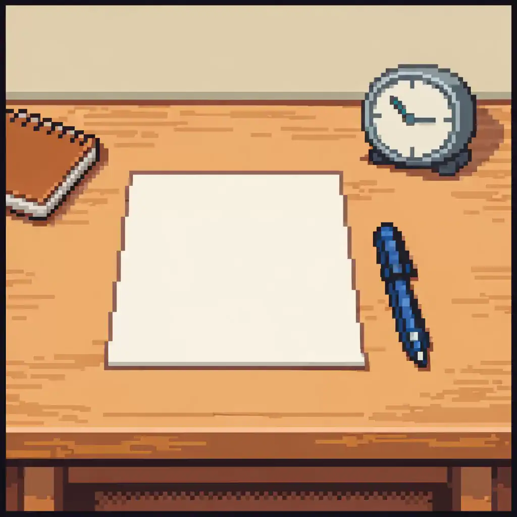 Mesa de examen con hoja en blanco y bolígrafo, ilustración pixel art que representa la prueba CELPE-Bras