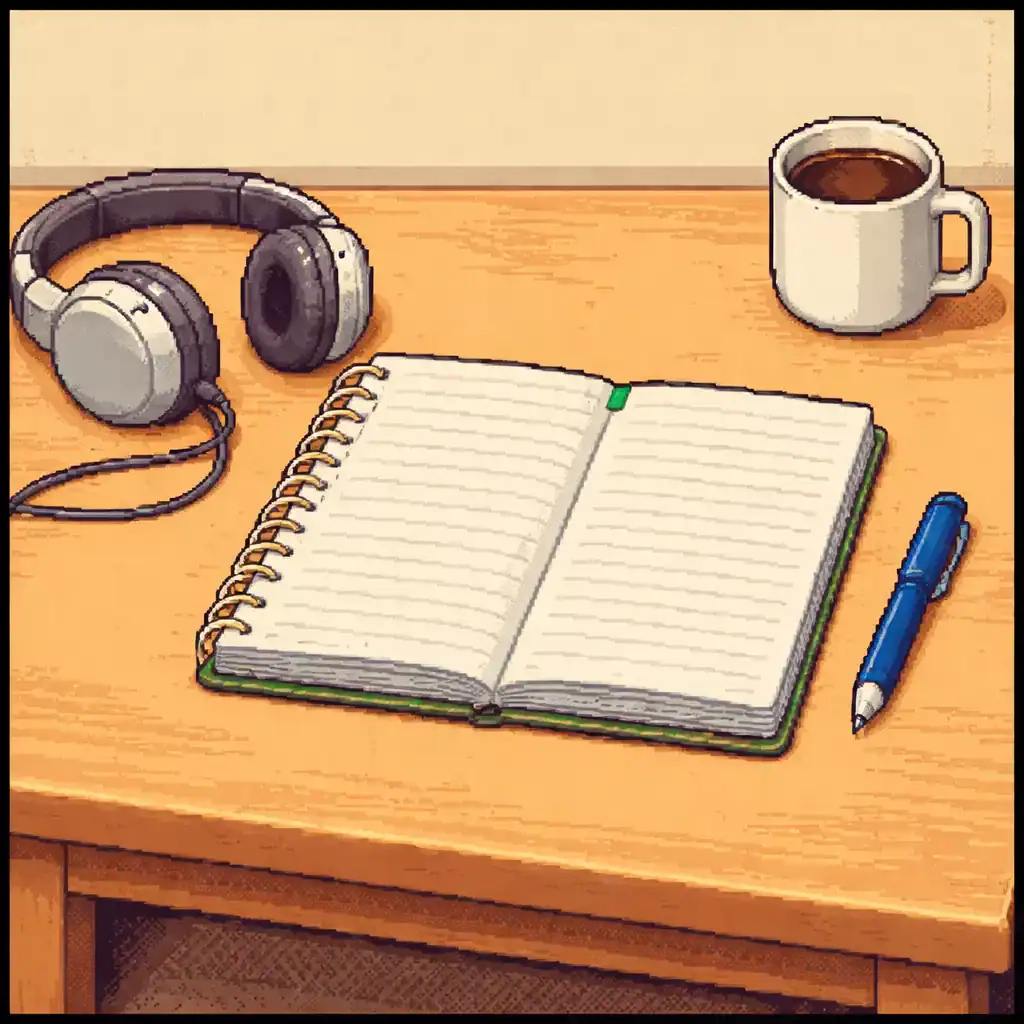 Study desk with open notebook, headphones and pen, pixel art illustration representing the CELPE-Bras test preparation