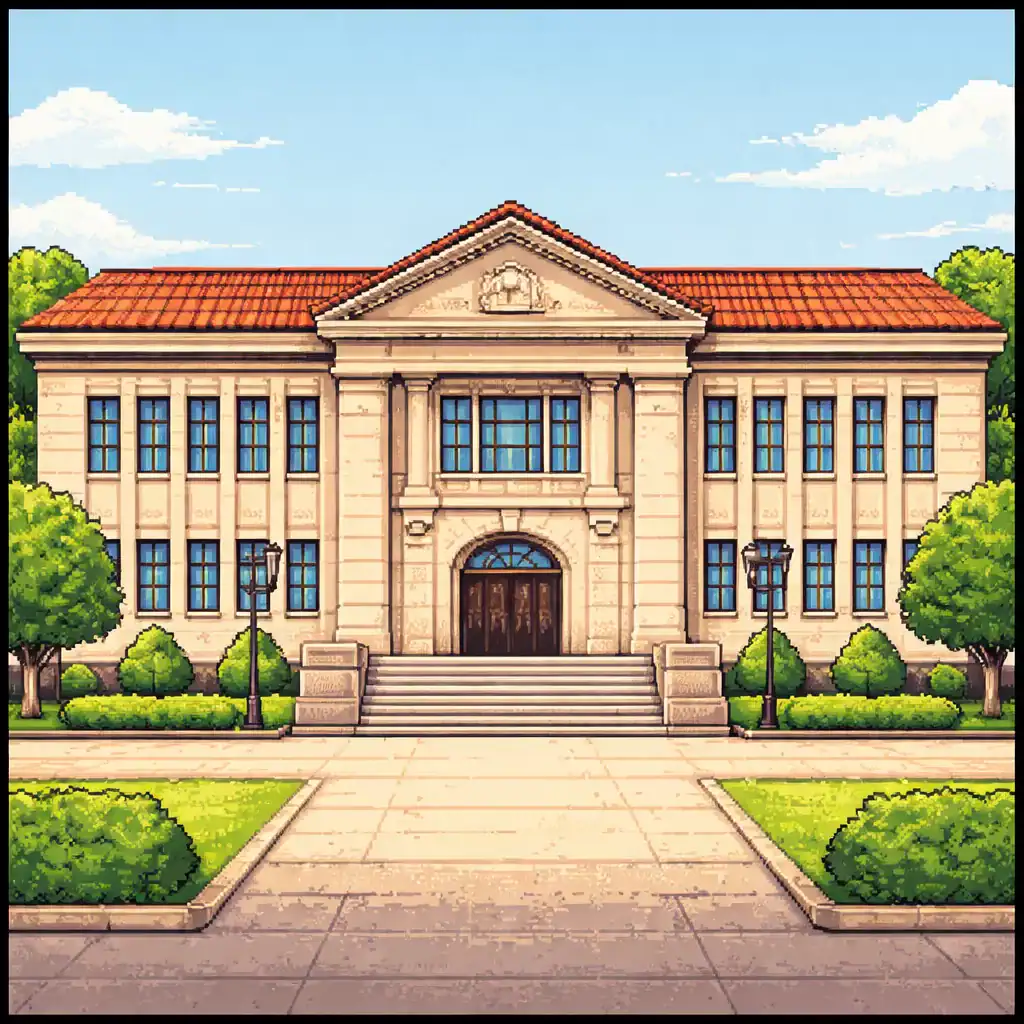 Academic institutional building in pixel art style representing the official Brazilian Portuguese exam certification
