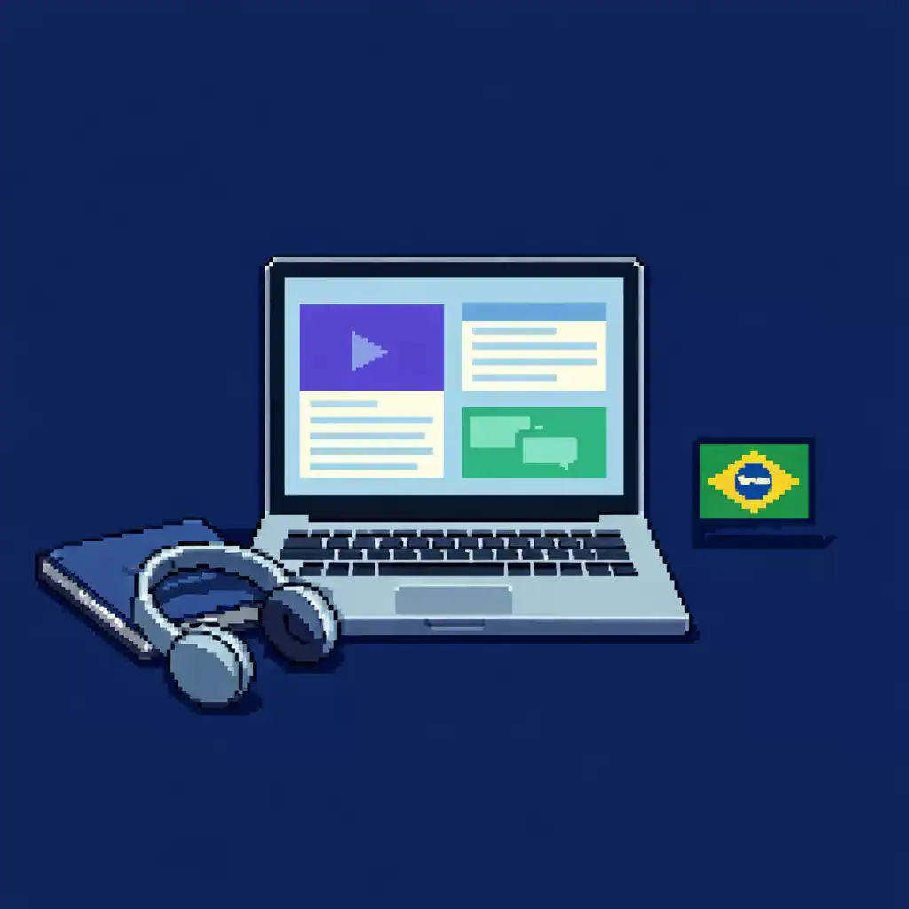 Learn Portuguese online with laptop, notebook and headphones in pixel art illustration