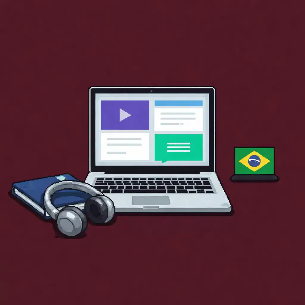 Aprender portugués online con laptop y herramientas digitales en ilustración pixel art