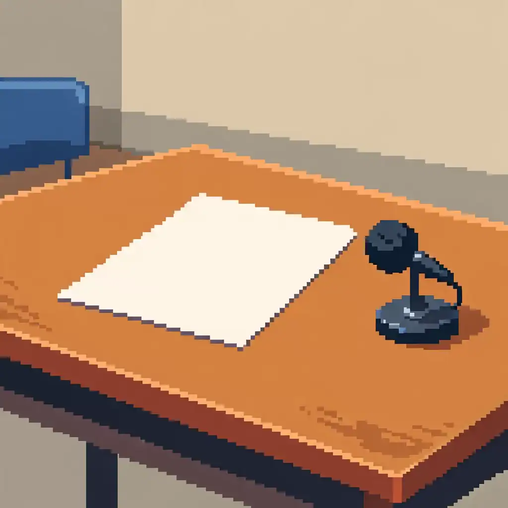 Pixel art illustration of an academic exam desk with a blank paper and microphone, representing an official language proficiency exam