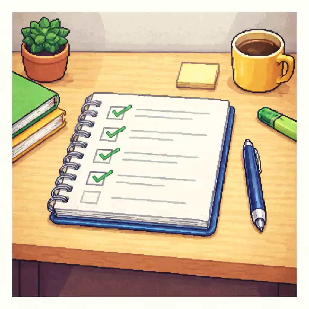 Pixel art illustration of a study desk with a checklist and notebook representing structured celpe-bras preparation