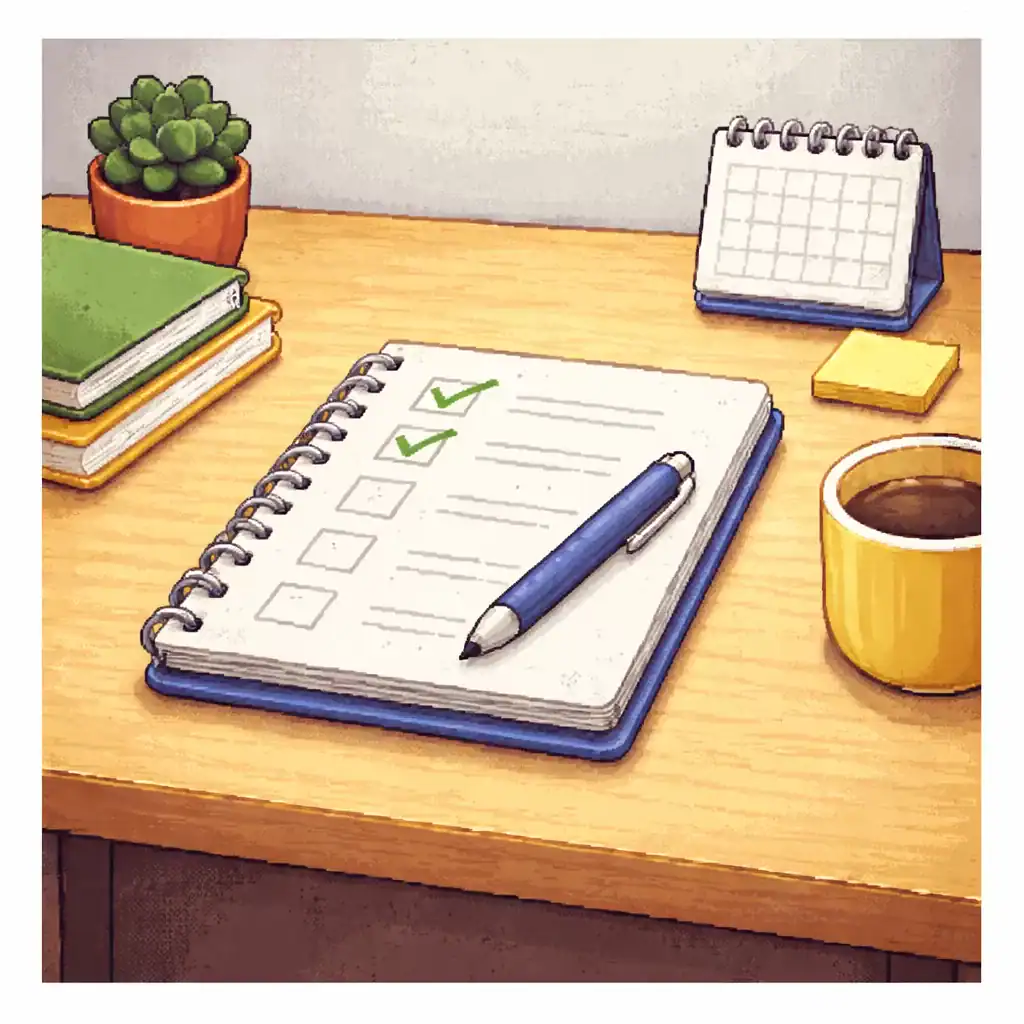 Pixel art illustration of a study desk with a checklist and notebook representing organized celpe-bras preparation