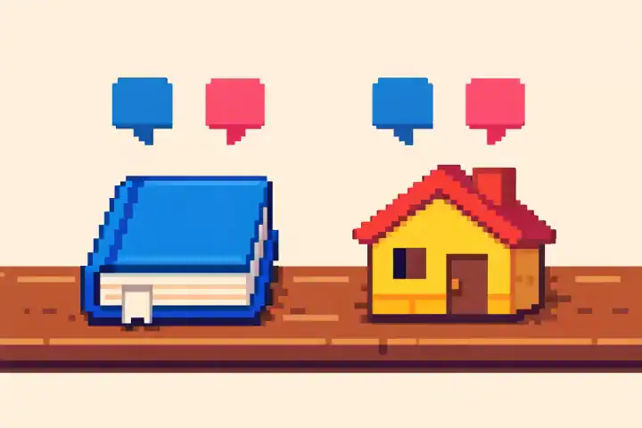 Pixel art illustration representing Portuguese articles masculine and feminine, showing a book and a house as grammar examples