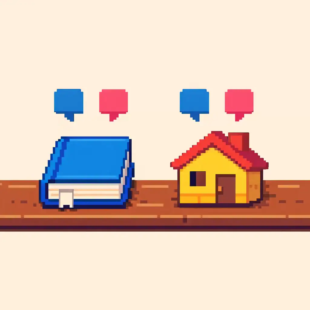 Pixel art illustration representing Portuguese articles masculine and feminine, showing a book and a house as grammar examples