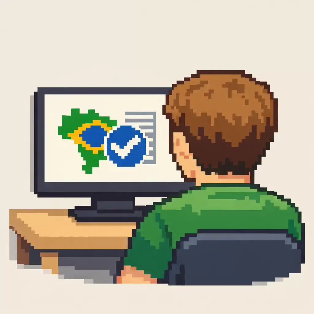 Pixel art illustration of a person seen from behind using a computer with a CELPE-Bras exam symbol on the screen.