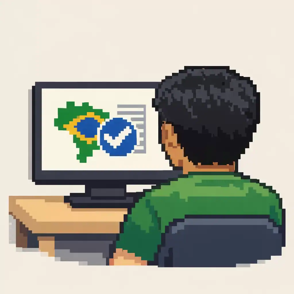 Ilustración en pixel art de una persona vista desde atrás usando una computadora con un símbolo del examen CELPE-Bras en la pantalla.