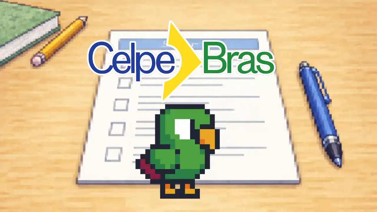 Ilustración en pixel art de un examen CELPE-Bras con una lista de verificación y un loro representando preparación y aprobación