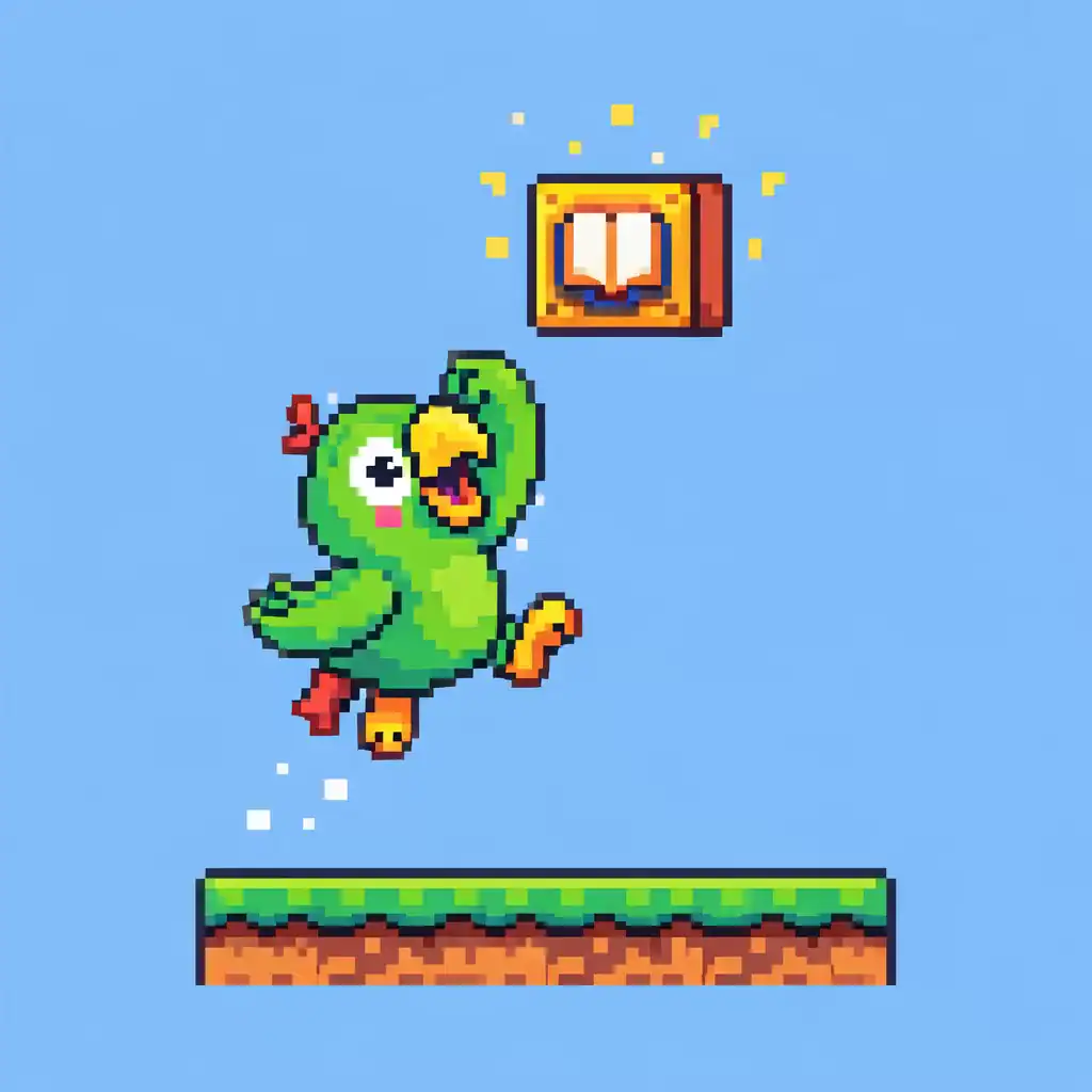 learning through play pixel art parrot jumping hitting book block
