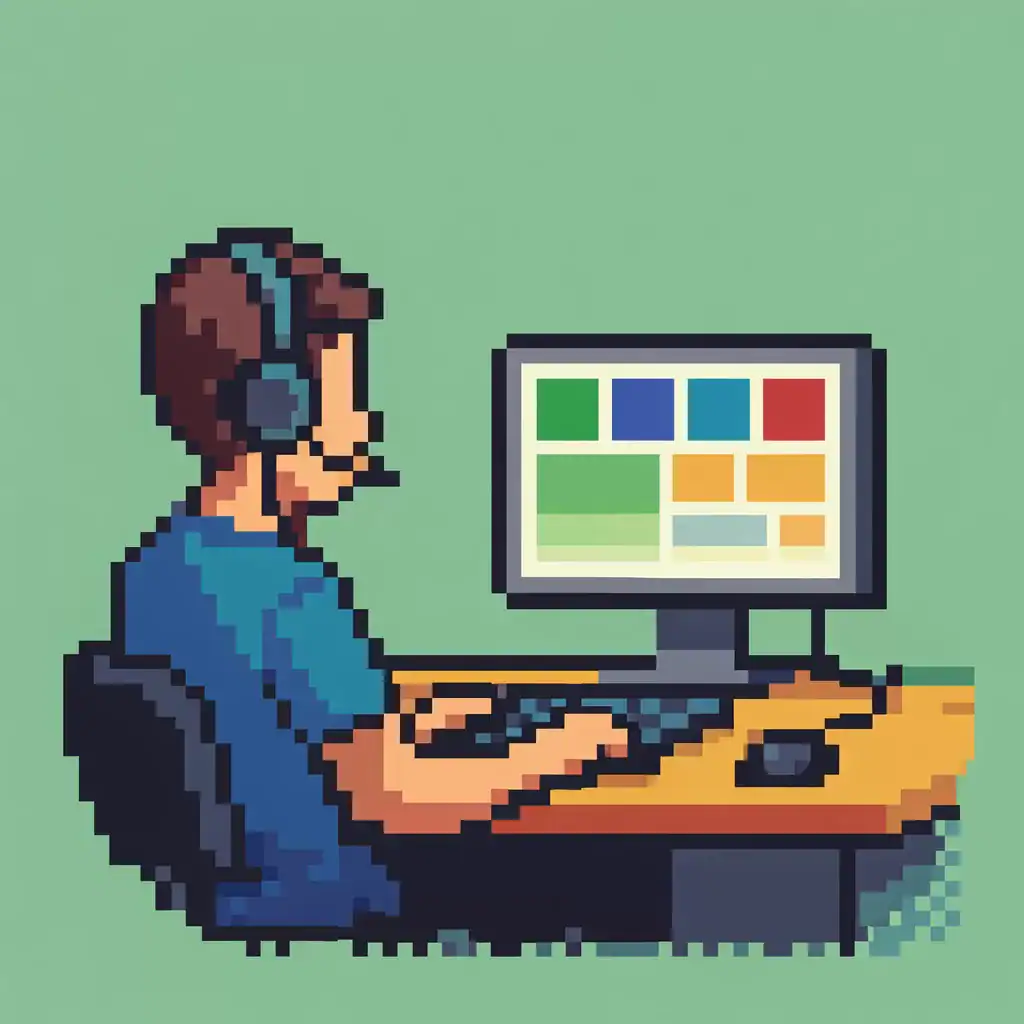 Brazilian Portuguese lessons online with a student wearing a headset during a live class on a desktop computer in pixel art style