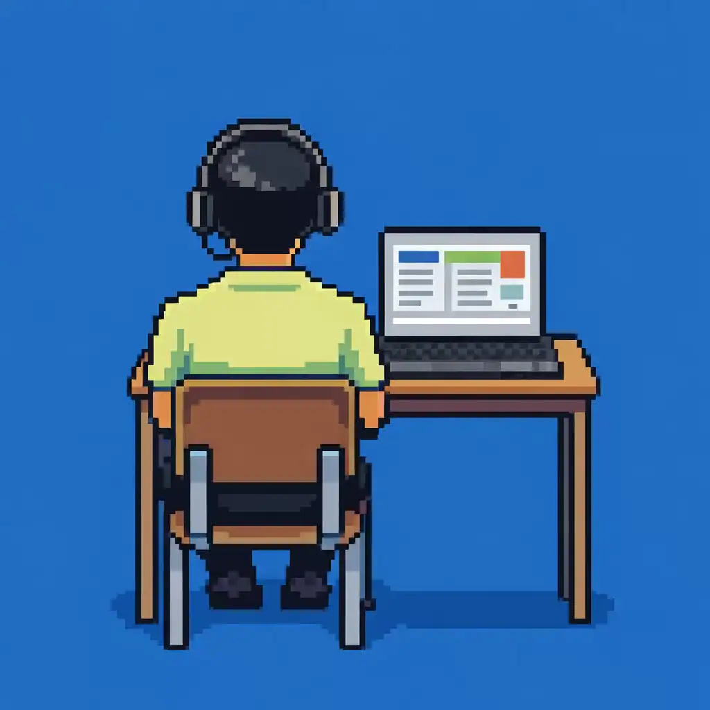 Brazilian Portuguese tutor online teaching a live lesson from behind with headset and laptop in pixel art style