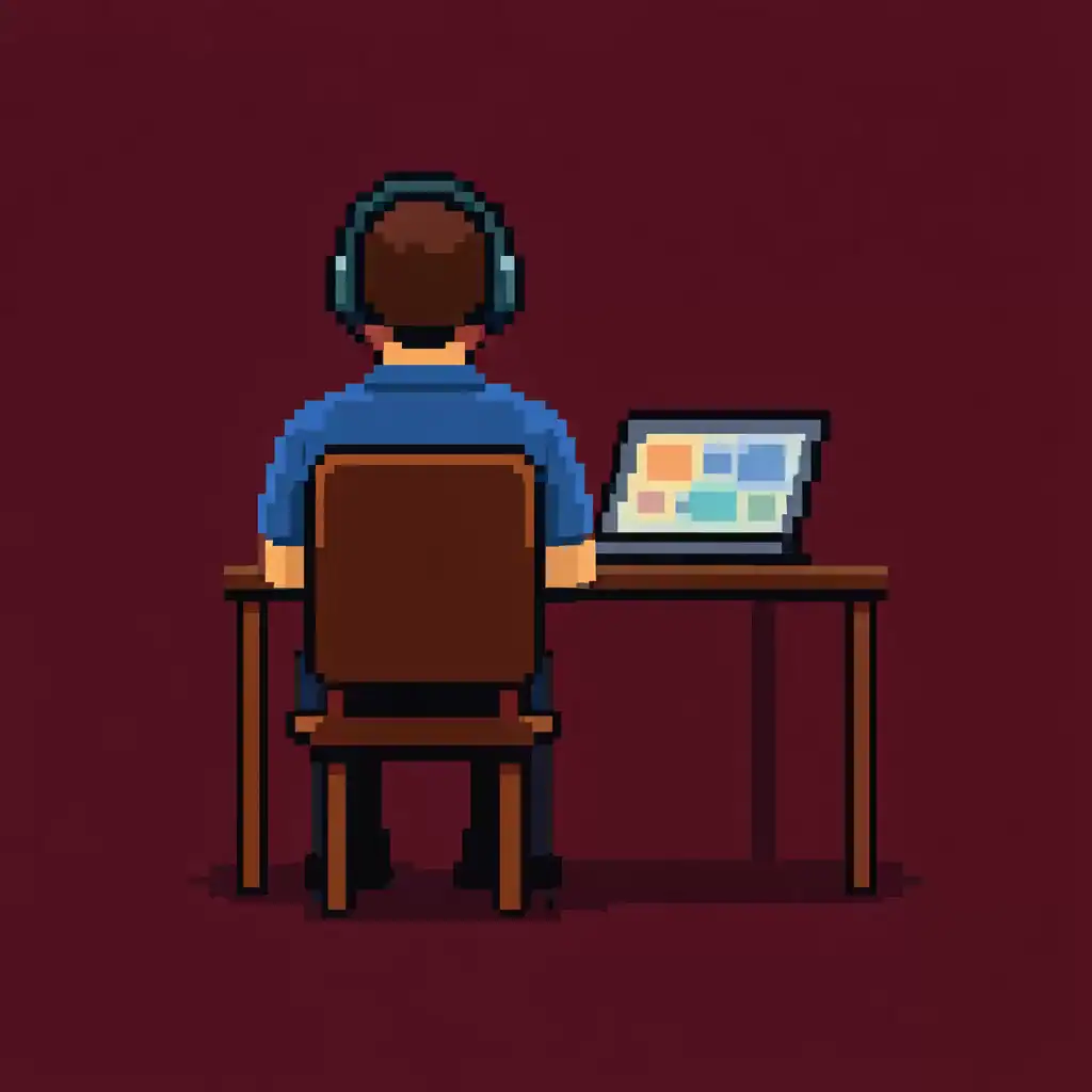Tutor de portugués brasileño online impartiendo clase en vivo desde atrás con auriculares y portátil en estilo pixel art