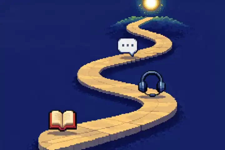 Learn Brazilian Portuguese roadmap in 32-bit pixel art showing a structured learning path with milestones and progression icons