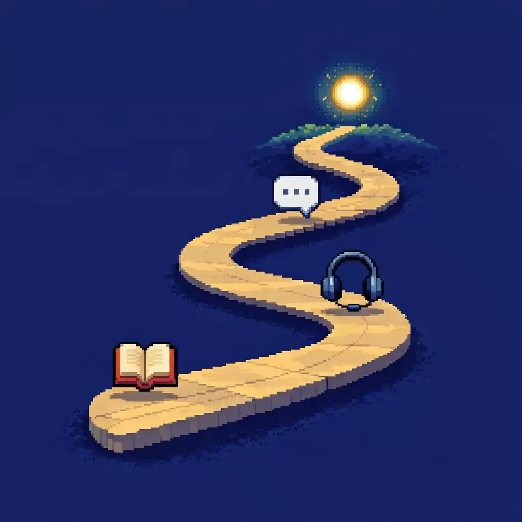 Learn Brazilian Portuguese roadmap in 32-bit pixel art showing a structured learning path with milestones and progression icons