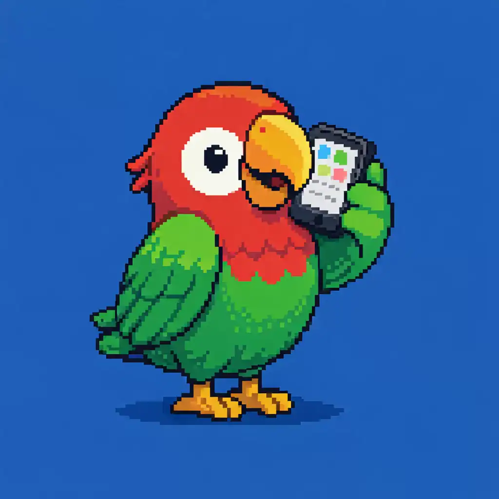 Learn Portuguese with AI parrot mascot holding a smartphone in pixel art style