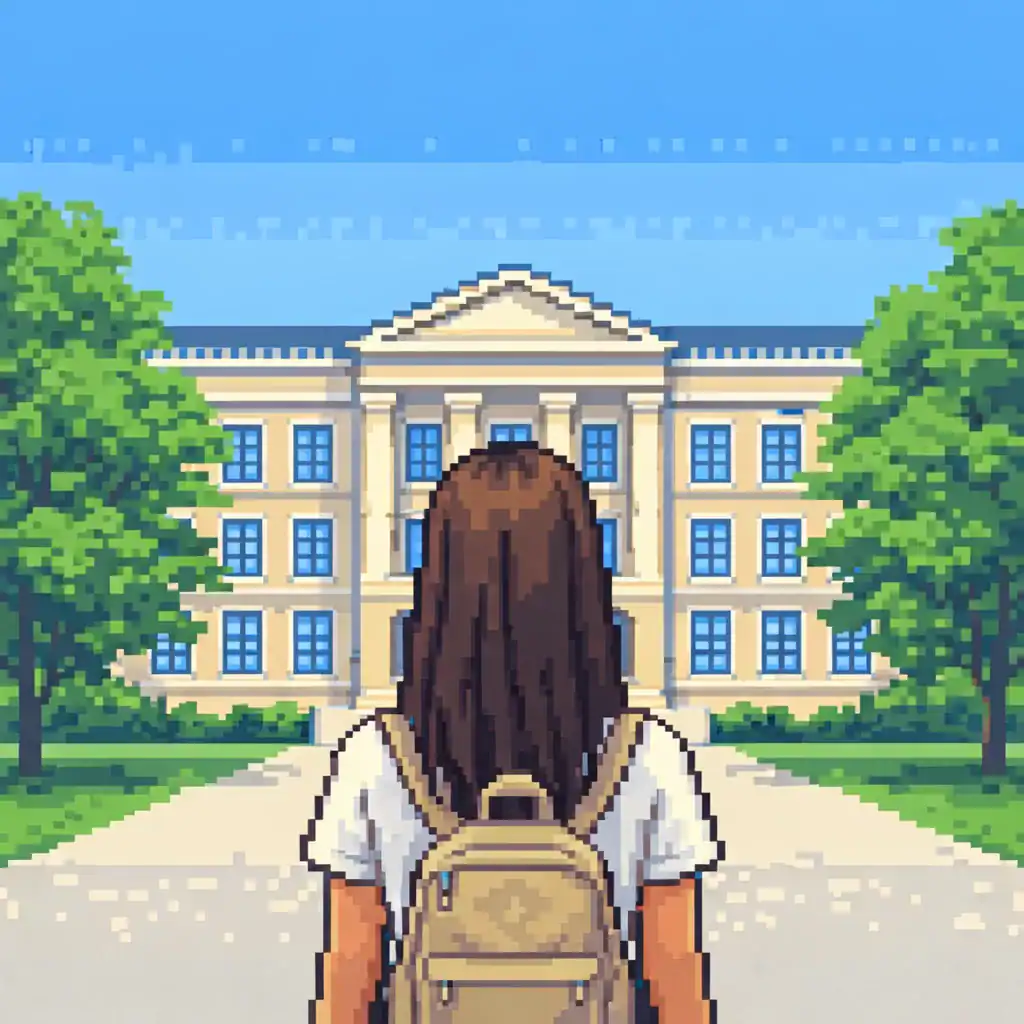 PEC-G minimum score pixel art illustration of student in front of Brazilian university building