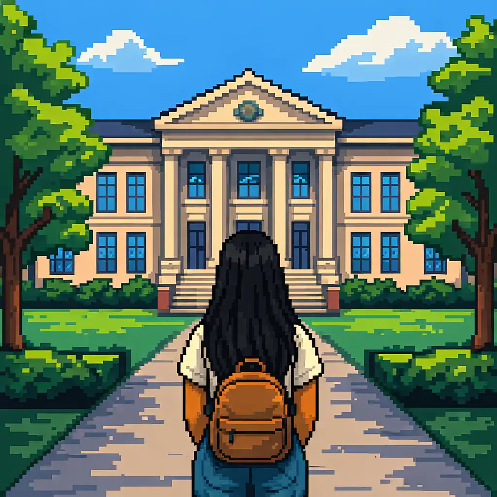 Puntaje mínimo PEC-G ilustración en pixel art de estudiante frente a universidad en Brasil