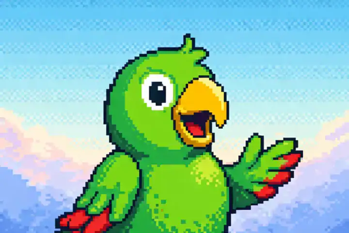 portuguese pronunciation practice with papagaio mascot explaining portuguese words in pixel art style