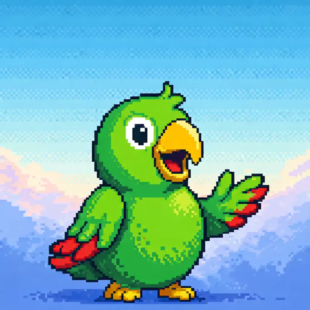 portuguese pronunciation practice with papagaio mascot explaining portuguese words in pixel art style