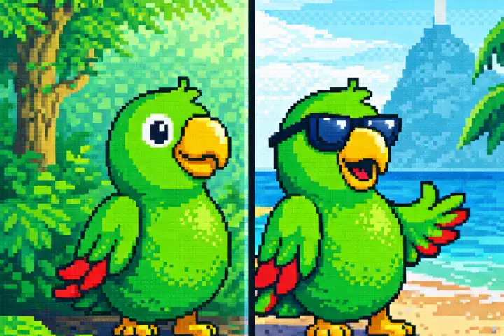 verb to be in portuguese illustration showing ser vs estar with papagaio mascot in two different situations