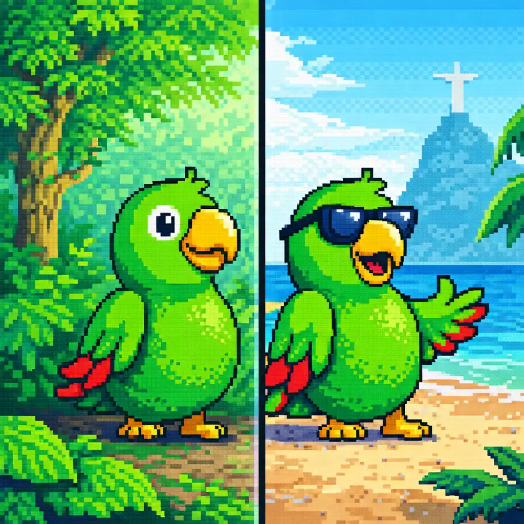 verb to be in portuguese illustration showing ser vs estar with papagaio mascot in two different situations