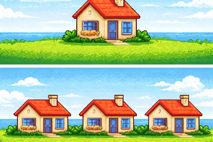 portuguese plural rules illustration showing singular and plural with one house and three houses in pixel art