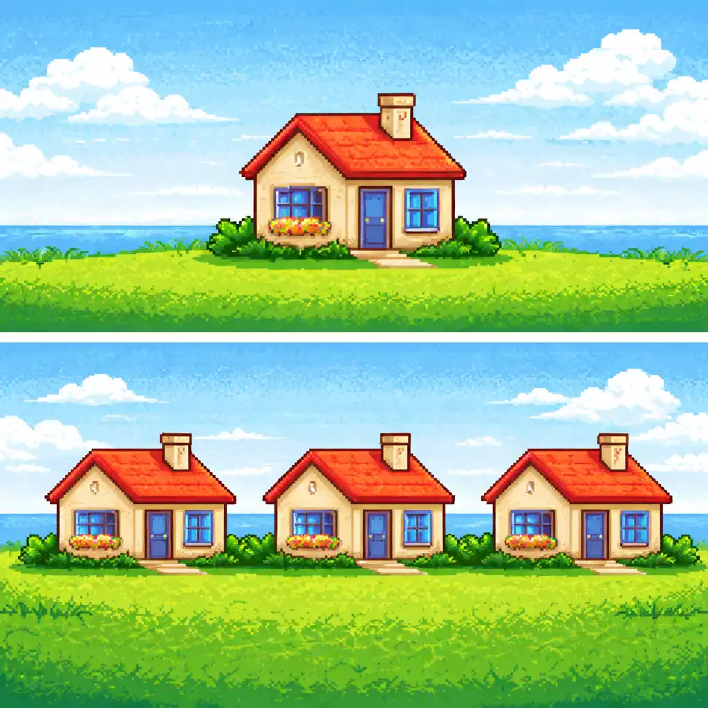portuguese plural rules illustration showing singular and plural with one house and three houses in pixel art