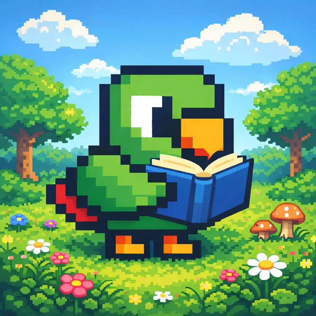 Portuguese for kids pixel art parrot reading a book in a colorful retro game style learning scene