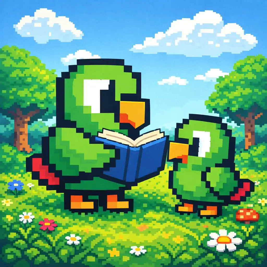 Heritage Portuguese pixel art parrots where an adult parrot teaches a baby parrot using a book in a retro game style scene