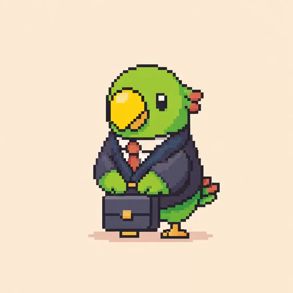 Pixel art parrot in a business suit holding a briefcase representing Portuguese for work