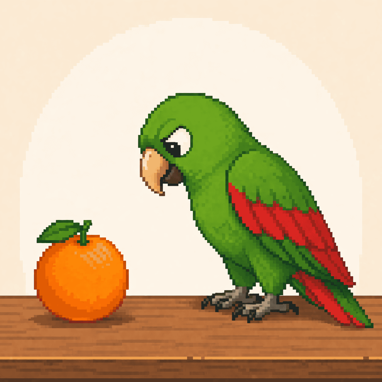colors in portuguese parrot looking at orange fruit pixel art