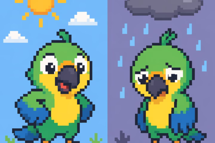 Ser vs estar in Portuguese illustrated with a parrot showing identity vs temporary state