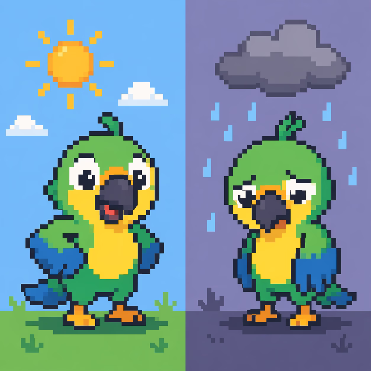 Ser vs estar in Portuguese illustrated with a parrot showing identity vs temporary state