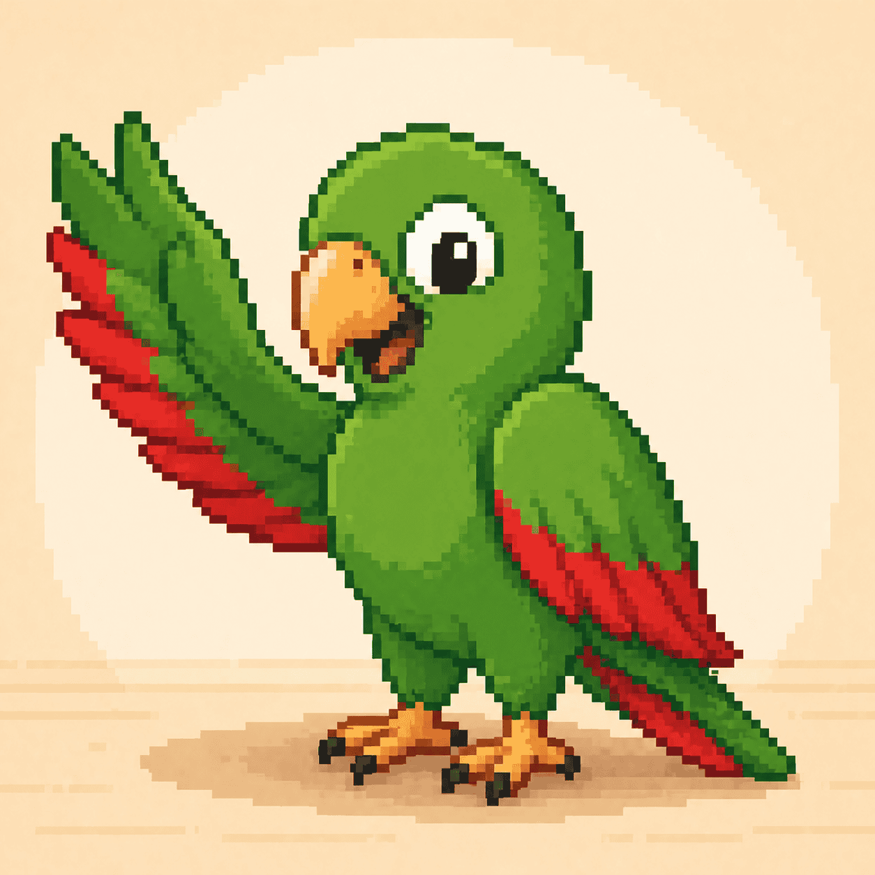 Pixel art of Ed, Papagaio School’s green parrot mascot, waving with one wing for a beginner blog post about greetings in Portuguese.