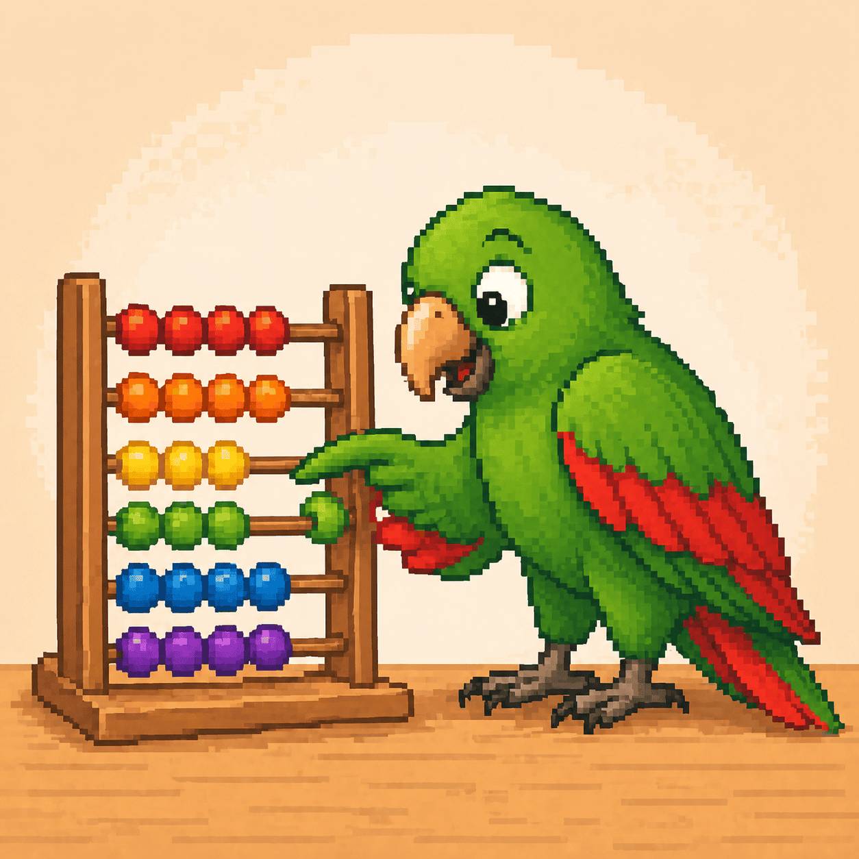 Pixel art of Ed, Papagaio School’s green parrot mascot, using an abacus for a beginner blog post about numbers in Portuguese.