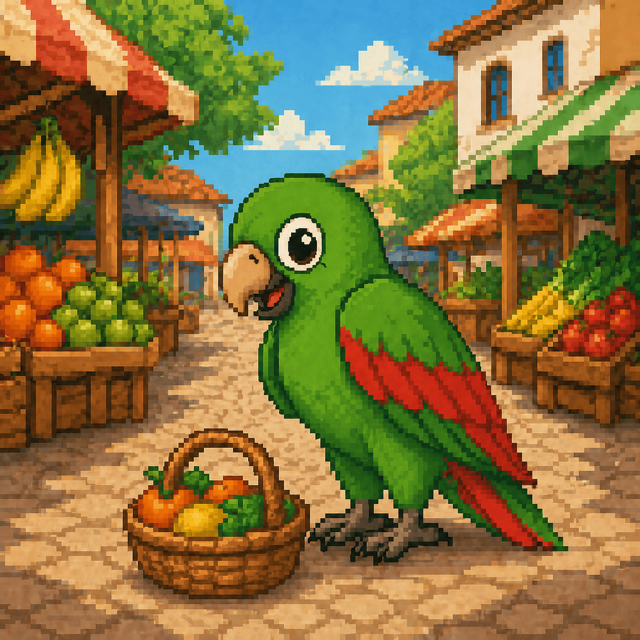 Pixel art of Ed, Papagaio School’s green parrot mascot, standing beside a basket in a Brazilian feira for a beginner blog post about days of the week in Portuguese.