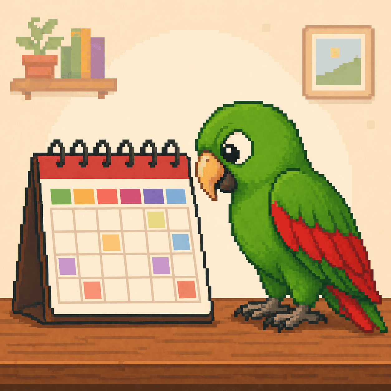 Pixel art of Ed, Papagaio School’s green parrot mascot, looking at a blank calendar for a beginner blog post about months in Portuguese.