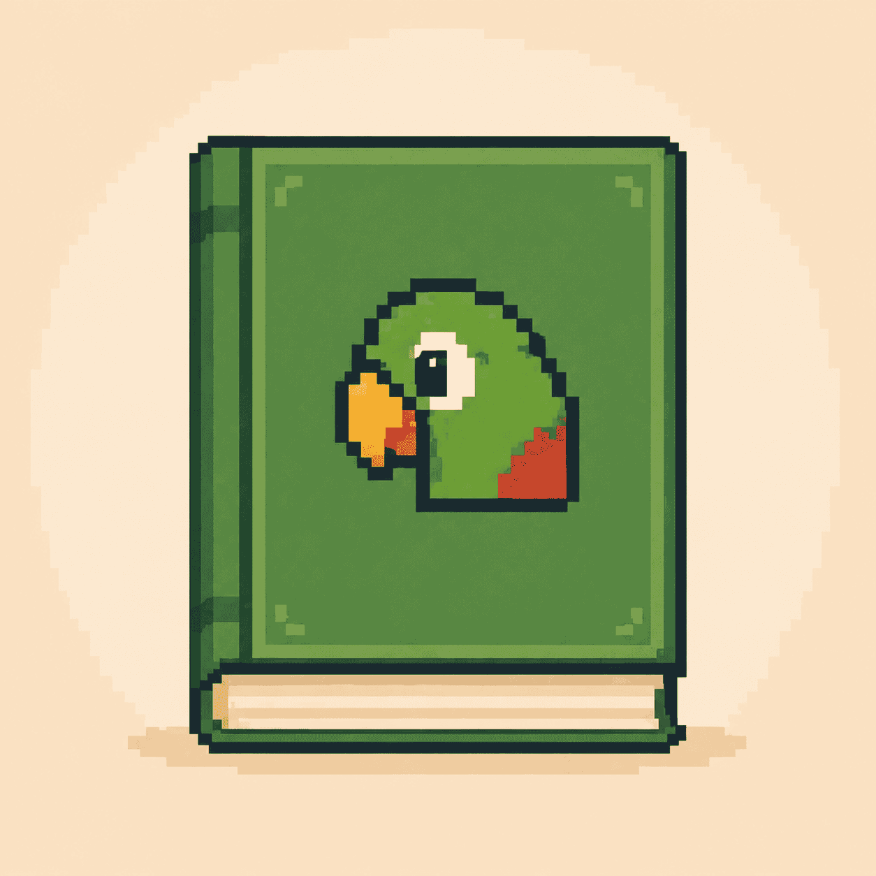 Pixel art of a green book with a simple parrot icon on the cover for a beginner blog post about common Portuguese phrases.