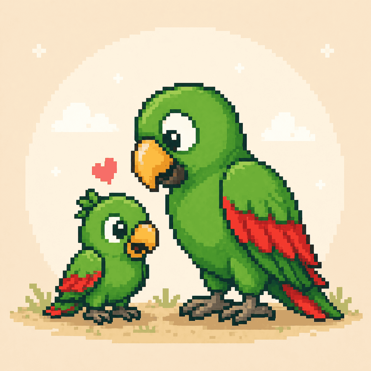 Pixel art of Ed, Papagaio School’s green parrot mascot, standing beside a baby parrot for a beginner blog post about family members in Portuguese.