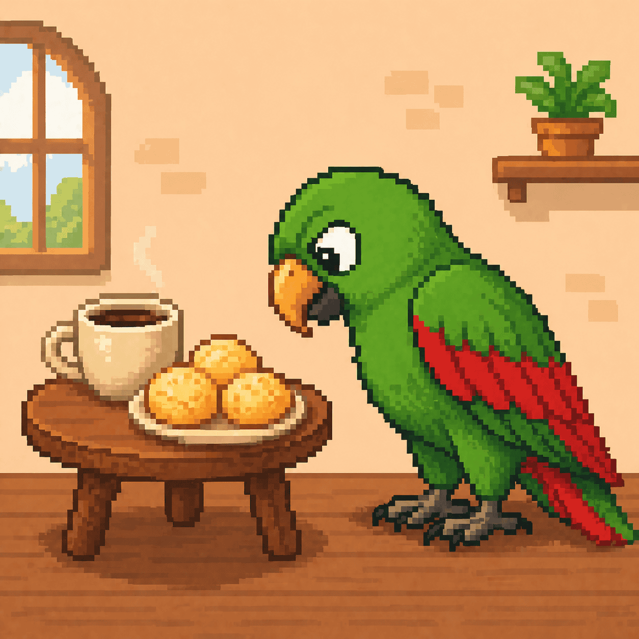 Pixel art of Ed, Papagaio School’s green parrot mascot, beside a small table with a cup of coffee and pão de queijo for a beginner blog post about food in Portuguese.